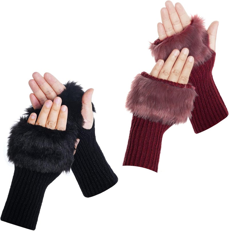 cnomg Winter Faux Fur Fingerless Gloves Faux Fur Half Finger Warmers Fingerless Gloves for Women Girls Working Writing - Image 1
